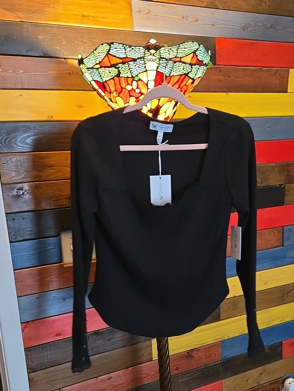 Jessica Simpson NWT Black Long Sleeve Sweetheart Neck Top